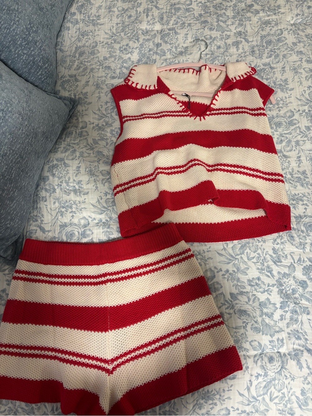 Red & Cream Striped Knit Two-Piece Top and Shorts Set